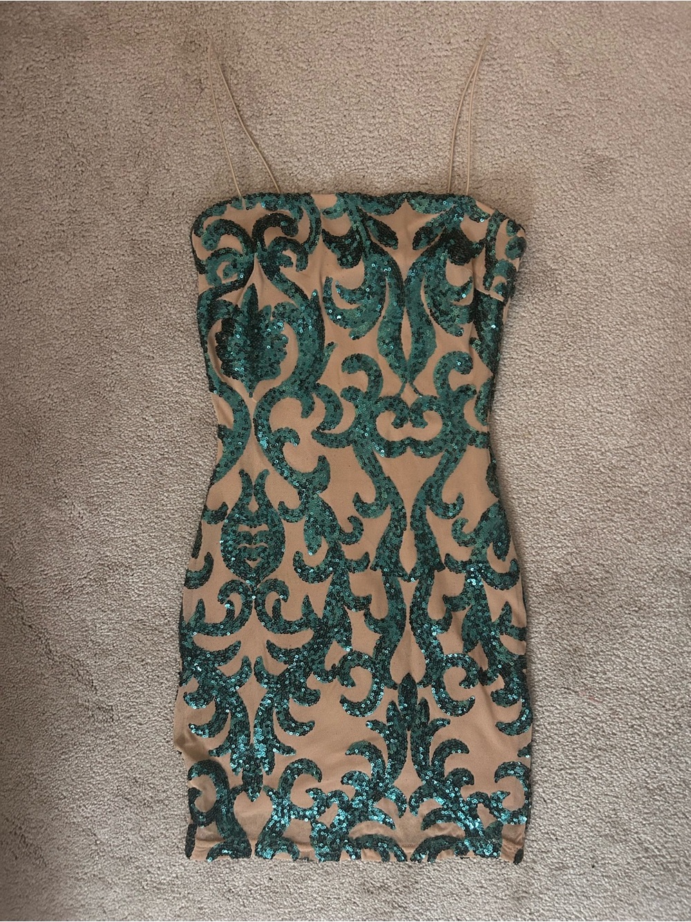Windsor Nude Mini Dress with Teal Sequin Scrolls
